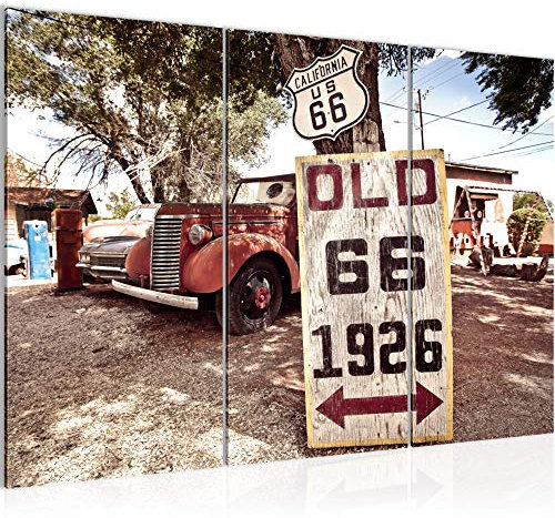 Runa Art Wandbilder Auto Route 66 Bild XXL Wohnzimmer Bunt Rot Oldtimer 120 x 80 cm 3 Teilig 609831a