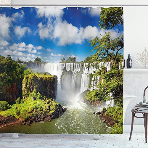 ABAKUHAUS Wasserfall Duschvorhang, Agentinean Wasserfall, Stoffliches Gewebe Badezimmerdekorationsset mit Haken, 175 x 240 cm, Blau und Grün