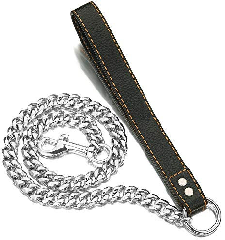 PRADOG Hundeleine aus Metall, kaufest, 15 mm, robuste Haustier-Leine, Kette mit gepolstertem Ledergriff, für große, mittelgroße und kleine Hunde (Gesamtlänge von 91 cm)