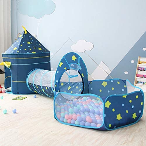 Tente de Jeu Enfants, Tente de Château 3 en 1 Tunnel d'exploration Contextuelle et Piscine à balles Intérieure Playhouse pou Tout-Petits Garçons Filles(Bleu)