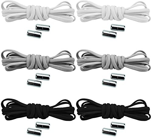 beifon 6 Paar Schleifenlose Schuhbänder Schnürsenkel mit Schnellverschluss elastische, mit Metallverschluss No Tie Shoelaces Gummi Schuhband Metallkapsel für Sport Kinder Schwarz+Weiß+Grau