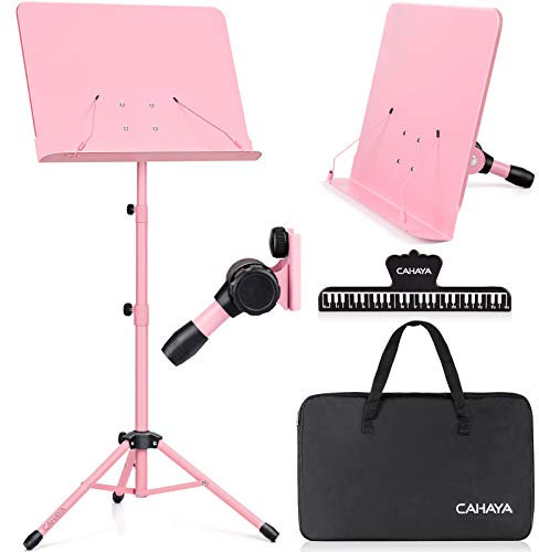 CAHAYA Sheet Music Stand Metal Portable with Carrying Bag, Sheet Music Clip, Projector Stand, Portable Podium Stand, Laptop Stand Pink, Height up to 145 cm, Model CY0194-1