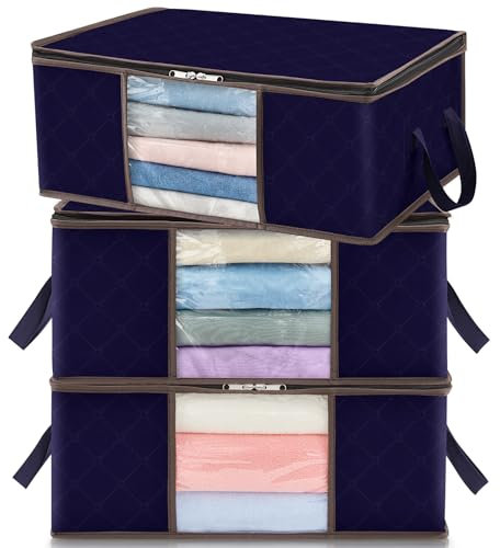 Lifewit 35L Clothes Storage Bag Foldable Storage Boxes with Lids Underbed Wardrobe Storage Organiser with Sturdy Fabric Clear Window for Clothing Bedding Sweaters T-shirts Blankets, 3 Pack, Blue