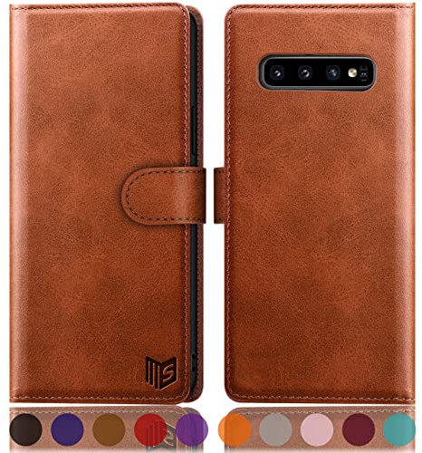 SUANPOT [RFID Schutz für Samsung Galaxy S10 plus/10+ Hülle PU Leder Handyhülle Lederhülle Klapphülle Kartenfach Flip Cover für Samsung 10+ Handy hülle Leather Wallet Phone Case Hellbraun
