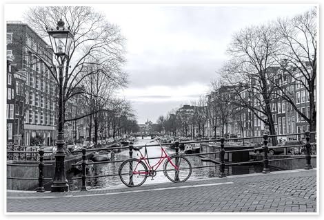 Rotes Fahrrad in Amsterdam Poster von George Pachantouris 100 x 70 cm Schwarz-Weiß Fahrzeuge Wanddeko