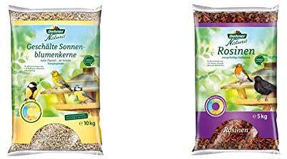 Dehner Natura Wildvogelfutter, geschälte Sonnenblumenkerne, 10 kg & Natura Wildvogelfutter, Rosinen, 5 kg