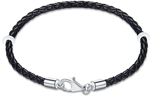 18cm Black Braided Leather Bracelet with 925 Sterling Silver Lobster Clasp-Fit Pandora Charm/Beads/Pendant, Gift for Men/Women/Grandson Rubber Stopper Included