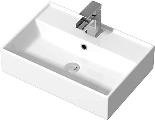 Ceramic Bathroom Cloakroom Vanity Wash Basin Sink Countertop Rectangular 1 Tap Hole 505 x 350mm with Basin Mixer Tap Bundle
