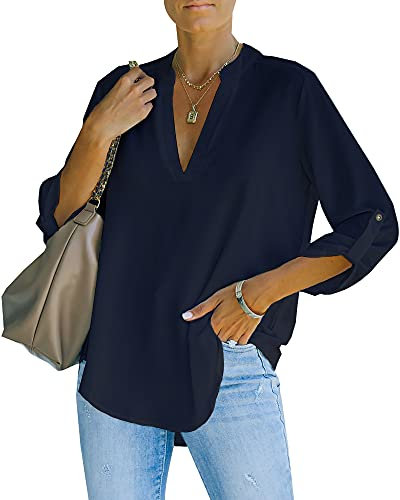 NONSAR Chemisier élégant à col en V pour femme Henley Chemisier ample à manches enroulables, bleu foncé, XXL