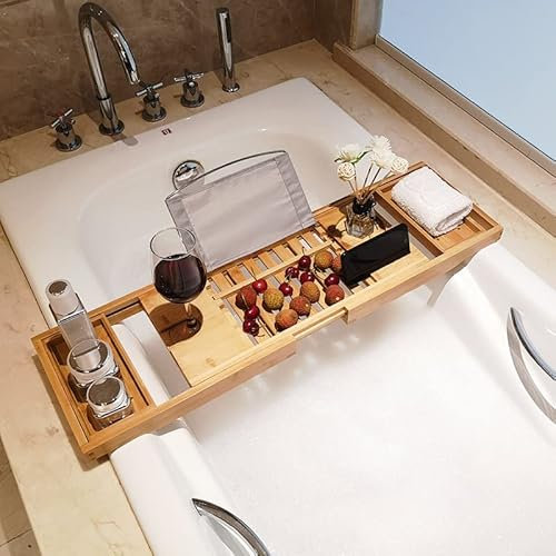 Samnuerly Badewannen-Ablage aus Holz, erweiterbares Duschwannen-Ablage, Badewannen-Ablage, Badewannen-Aufbewahrungsregal mit Buch-Tablet-Halter, Weinglas-Steckplatz