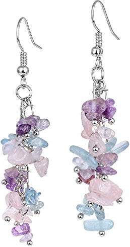 Nupuyai Longues boucles d'oreilles pendantes en pierre de cristal pour femme, pierre de guérison des chakras, boucles d'oreilles pendantes pour fête de mariage, Quartz rose, améthyste et aigue-marine