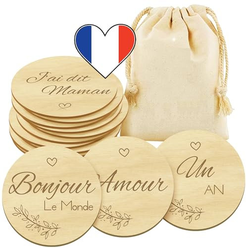MARKETIFAR Carte Etape Bébé Bois - 30 Moments - Pochette + 15 Disques Gravés Recto Verso - Cartes Moment Nouveau Né Mois par Mois et Premiere Fois - Cadeau de Naissance et Grossesse