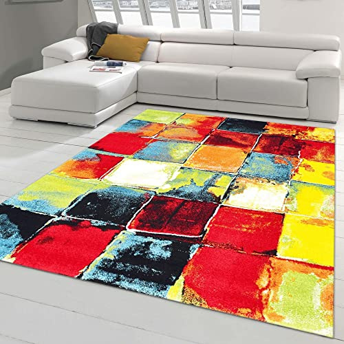 Teppich-Traum Moderner Designer Kurzflor Teppich • Bunte Vierecke in blau gelb, Größe 120x170 cm