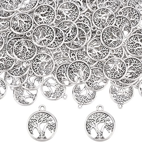 SUNNYCLUE 1 boîte 100 pièces Arbre de Vie Breloques en Vrac Style Tibétain Alliage Plat Rond Pendentifs pour la Fabrication de Bijoux Breloques Bricolage Artisanat Balancent Collier Bracelet Boucles D