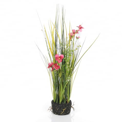 Künstlicher Deko-Gras mit Stiefmütterchen rosa 48 cm Kunstgras-Stiefmütterchen aus Kunststoff-Grashalmen und Textilblüten und Wurzeln