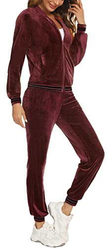 Enjyam Damen Nicki Trainingsanzug Kuschelig Warm 2 Teilig Samt Hausanzug für Herbst Winter, Langarm Zipjacke+Lange Hose,Weinrot,XL