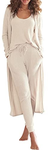 Eurivicy Womens Lounge Set Waffle Knit 3 Piece Pajama Sets Tank Tops Loose Pants with Long Cardigan Loungewear 2025 Beige