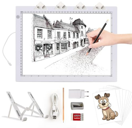TOHETO A4 Leuchttisch mit Faltbarem Ständer, Adapter, Ultra-dünne Superhell Leuchtplatte, Diamond Painting Tisch Leuchtkasten, LED Lightbox Lightpad für Zeichnen, Diamantmalerei, Tätowierung (Weiß)
