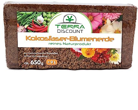 Terra Discount Kokosfaserhumus *Blumenerde* ca.650g (ergibt ca. 9 Liter), Kokoserde als Hochbeeterde und für Pflanzen/Zimmerpflanzen, aus nachwachsenden Rohstoffen, torffrei und ungedüngt