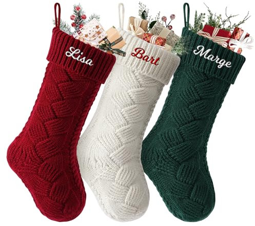 SearchI 3er Gestrickte Weihnachtsstrümpfe Personalisiert 18” Großer Individuelle Bestickte Name Nikolausstrumpf mit Benutzerdefinierte Christmas Stockings für Kamin Feiertags Familienparty Dekoration