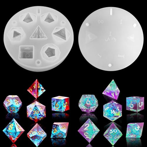 Huahuanghui Stampo in Silicone DND, 7 stampi in Silicone DND, Forma a cubo in Resina, stampi per Dadi in Resina, Set con Numeri, D4, D6, D8, D10, D12, D20