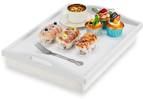 Tioncy 1 x Bambus-Knietablett mit abnehmbarem Kissen, 42 x 33 cm, mit Griffen, für Erwachsene, zum Essen in der Liege, Frühstück, Einweihungsgeschenk, Weiß