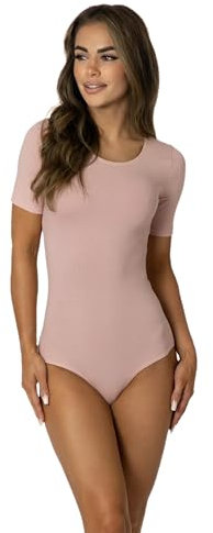 Alkato Body Donna Manica Corta Cotone – Body Donna con Scollo Tondo e Chiusura con Bottoni a Pressione, Rosa cipria, L (Long 170-176 cm)