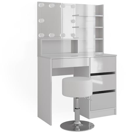Vicco Schminktisch Sherry, Weiß Hochglanz, 90 cm mit LED Beleuchtung, Hocker und Spiegelregal