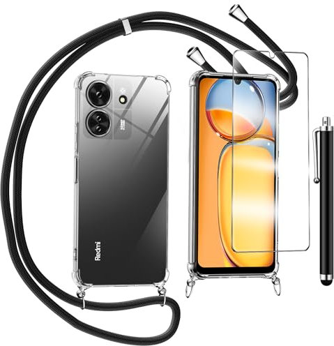 Handykette für Xiaomi Redmi 13C/Xiaomi Poco C65 Hülle mit Displayschutzfolie Schutzfolie, Necklace Handyhülle mit Abnehmbar Kordel zum Umhängen Transparent Silikon Schutzhülle mit Band in Schwarz