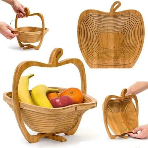 Wooden Apple Basket With Handle Folding Bamboo Fruit Bowl Holder Basket & Non Slip Cutting Board For Vegetables New Traditional Multifunction Tool (Natural Brown)