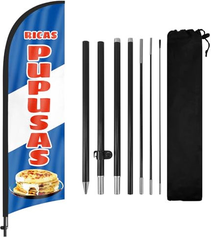 FSFLAG Ricas Pupusas Federflagge mit Fahnenmast-Set und Erdspieß, 2,5 m, windlose Flagge, Banner, Schild, Geschäft für Außenwerbung (blau)