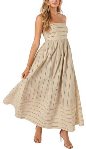 chouyatou Women's Striped Back Smocked Maxi Dress Sexy Spaghetti Strap Cut Out Flowy Swing Long Dress (Medium, Apricot)
