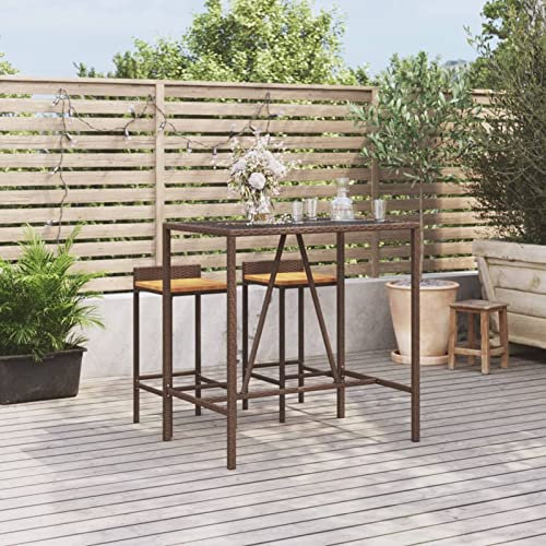 Rantry Table haute de bar avec surface en verre rotin PE marron 110 x 70 x 110 cm, table haute de bar, mobilier extérieur, terrasse, balcon, restaurant, café, cuisine Tables de jardin