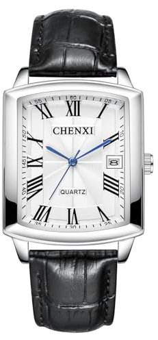 Silverora Uhren Herren Leder Rechteckig: 3ATM Wasserdicht Datum Kalender Analoge Quarz Herrenuhren Verstellbar Lederarmband Uhr mit Römische Ziffernskala Geschenke für Männer Weiß