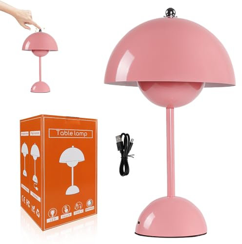 YANGUN LED Flowerpot Tischlampe Kabellos Akku Pilz Lampe, Tischleuchte Dimmbar Pilz mit 3 Helligkeitsmodi, Touch Dimmbar Tischleuchte Retro Schreibtischlampe Pilzs für Schlafzimmer, Büro, Bars (Rosa)