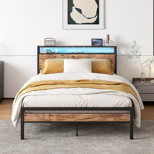HOJINLINERO Double Bed Frame with Storage Shelf & LED lights,4ft6 Metal Bed Frame Double Bed with Charging Station,Mattress Base/Underbed Storage,Heavy Duty Bed 135x190cm Slats Support,Black & Brown