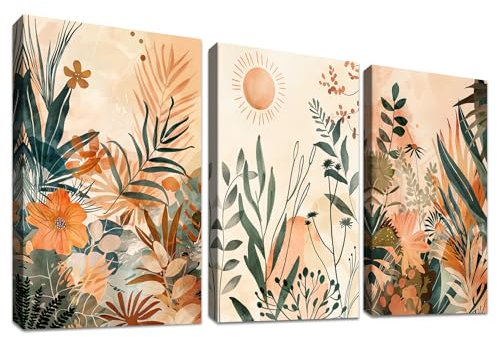 3 Pcs Aquarell Wildblume Floral Mit Rahmen Leinwand Bilder Botanische Blume und grüne Blätter Bild auf Leinwand Malerei Wandbilder Wanddeko Wohnzimmer Schlafzimmer Dekorationen 150x70cm (20x28x3pcs)