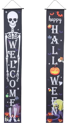 CAXUSD Halloween Türbanner Aus Polyester 180X12 Zoll Wiederverwendbares Hängendes Outdoor Couplet Mit Kreativem Skelett Motiv Für Veranda Eingang Und Halloween Party Dekoration
