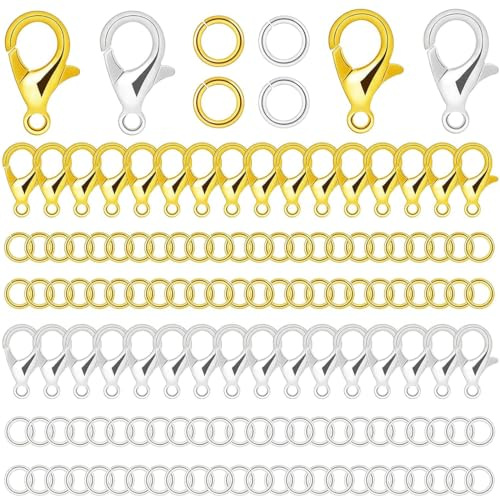 100 Pezzi Chiusure per Braccialetti, 200 Pezzi anellini Aperti,Chiusura a Moschettone,Ganci Portachiavi,Gancetti per Braccialetti, per Collane Fai da Te(Oro/Argento)