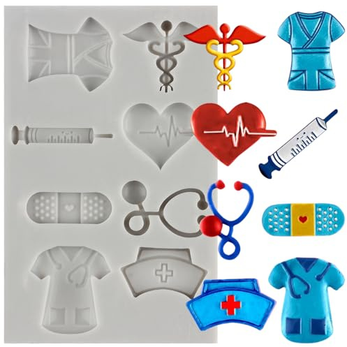 MINFEIDMS Krankenschwester Thema Fondant Form Doktor Silikon Form | Hut Medizinische Ausrüstung Stethoskop Süßigkeiten für Zucker Kuchen Dekoration Cupcake Topper Polymer