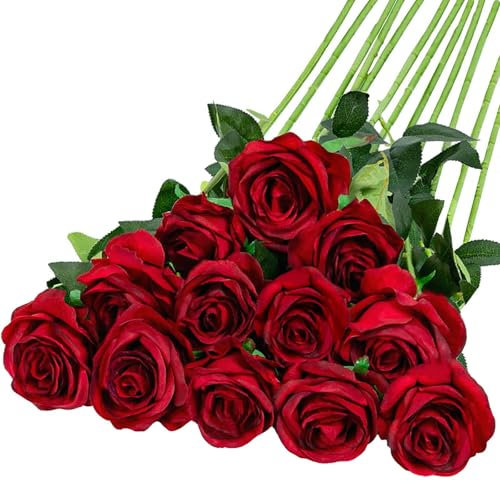 XoeLLe 12 Stück Rote Rosen, 52cm Künstliche Blumen, Blumenstrauß, Kunstblumen Wie Echt, Hochzeit Deko, Home Decor, Realistische Blume für Hochzeitssträuße Jubiläen Partys Hotels Büro-Dekoration (Rot)