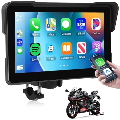 Inalámbrico Carplay Motorbike Navi Android Auto, 7 Pulgadas Pantalla Táctil Carplay Portátil para Motos, Radio de Coche para Motos con Airplay/Android Cast/Doble Bluetooth/Navegación/IP67 Impermeable