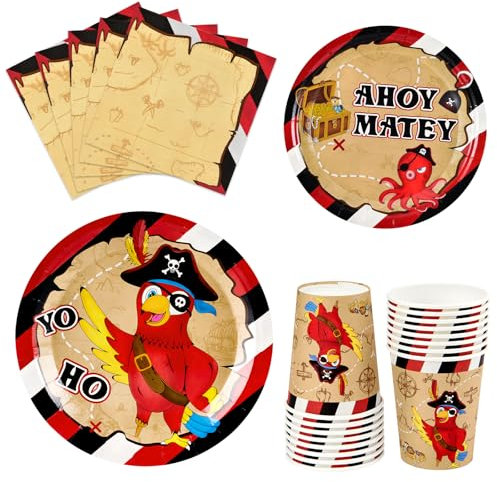 WERNNSAI Pirate Party Supplies - 64PCS Pirate Party Plates Napkins Cups for Kids Boys Birthday Party Supplies Paper Tableware Set Treasure Pirate Birthday Party Decorations Serves 16 Guests