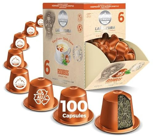 Lot de 100 capsules de thé ROOIBOS de qualité supérieure, compatibles avec les machines à capsules Nespresso, une tisane douce et sans caféine, par La Natura Lifestyle