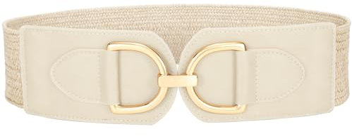 VONMELLI Damen Breiter Elastischer Taillengürtel für Kleider Strohgürtel Vintage Dehnbarer Geflochtener Gürtel Boho Damengürtel mit Goldener Schnalle Beige Passend für Taillenumfang 96-104cm