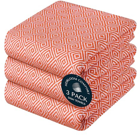 HEIRLOOM COMFORT Orange Kitchen Towels (3 Pack), 100% Cotton, Diamond Weave Towel Set, 40x66 cm, Super Absorbent & Durable Dish Cloths, Quick Drying Fabric for Drying Dishes, Everyday Cleaning