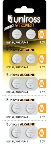 Uniross LR44 (AG13 LR1154) Alkaline Coin Cell Watch Battery. 1.5V. Long Shelf Life. 100% Leak Proof
