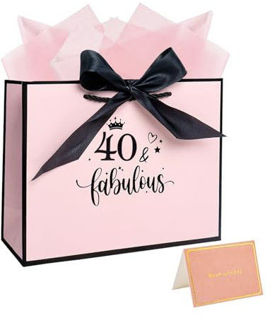 12.6” 40th Birthday Gift Bag Large Pink Gift Bag with Tissue Paper for Birthday Anniversary