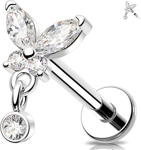 Melighting Innengewinde Flat Back Ohrring 316L Edelstahl Helix Stud Knorpel Ohrring CZ Lippenstecker Schmetterling Tragus Ohrringe Lippenpiercing Schmuck
