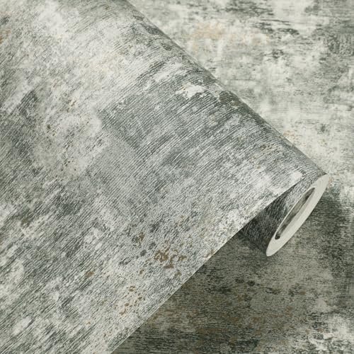 Beswitory Green Cove Wallpaper Concrete Effect Wallpaper Luxury Wall Paper with Distressed Pattern, Industrial Textured Finish & Metallic Detailing for Living Room, Bedroom, Fireplace (Jade)